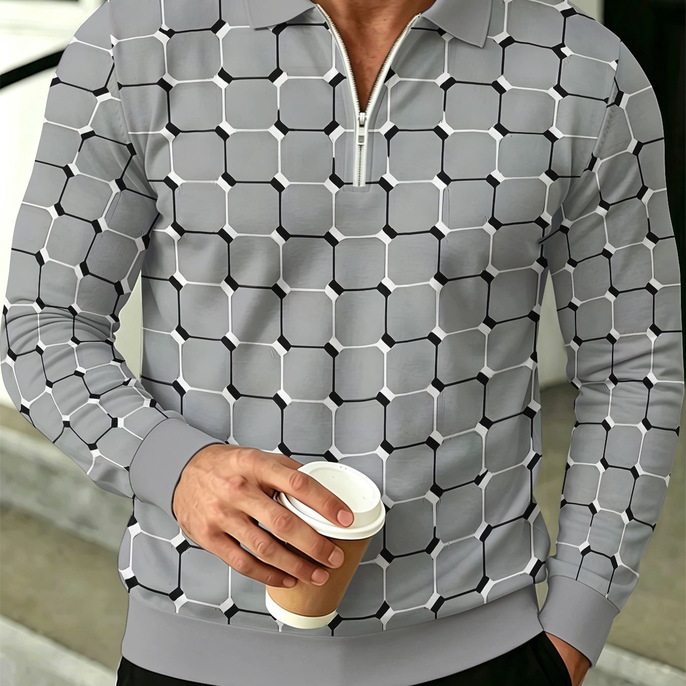 TEMU Men's Lapel Half-zip Shirt, Geometric Vintage Style Casual Top, Suitable For Spring And Autumn Wear, Gift For Boyfriend