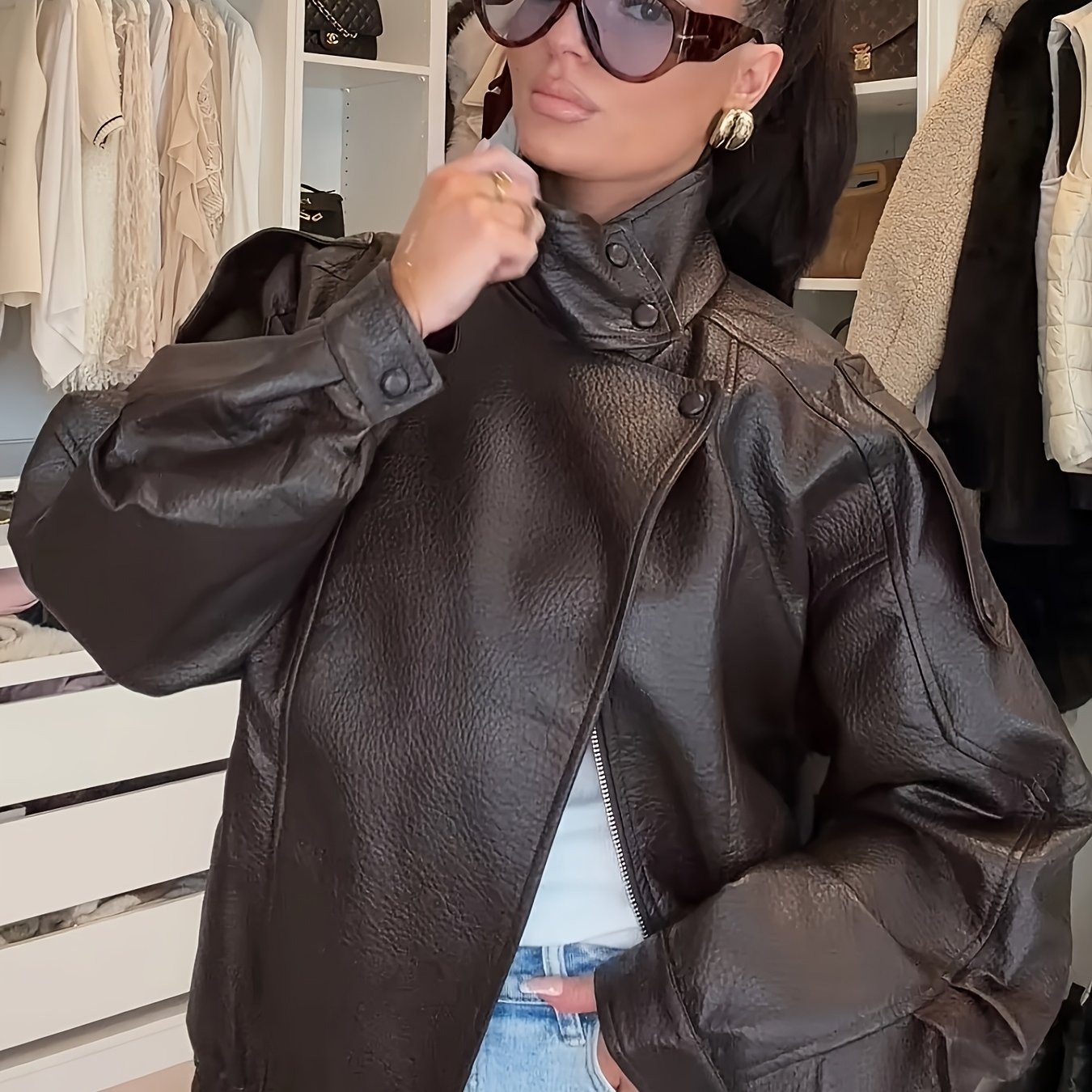 TEMU Jacket, Autumn Versatile Loose Casual Lapel Short Coat Women's Zipper Pocket Stand Collar Short Solid Color Pu Women's Jacket, Elegant Fashion