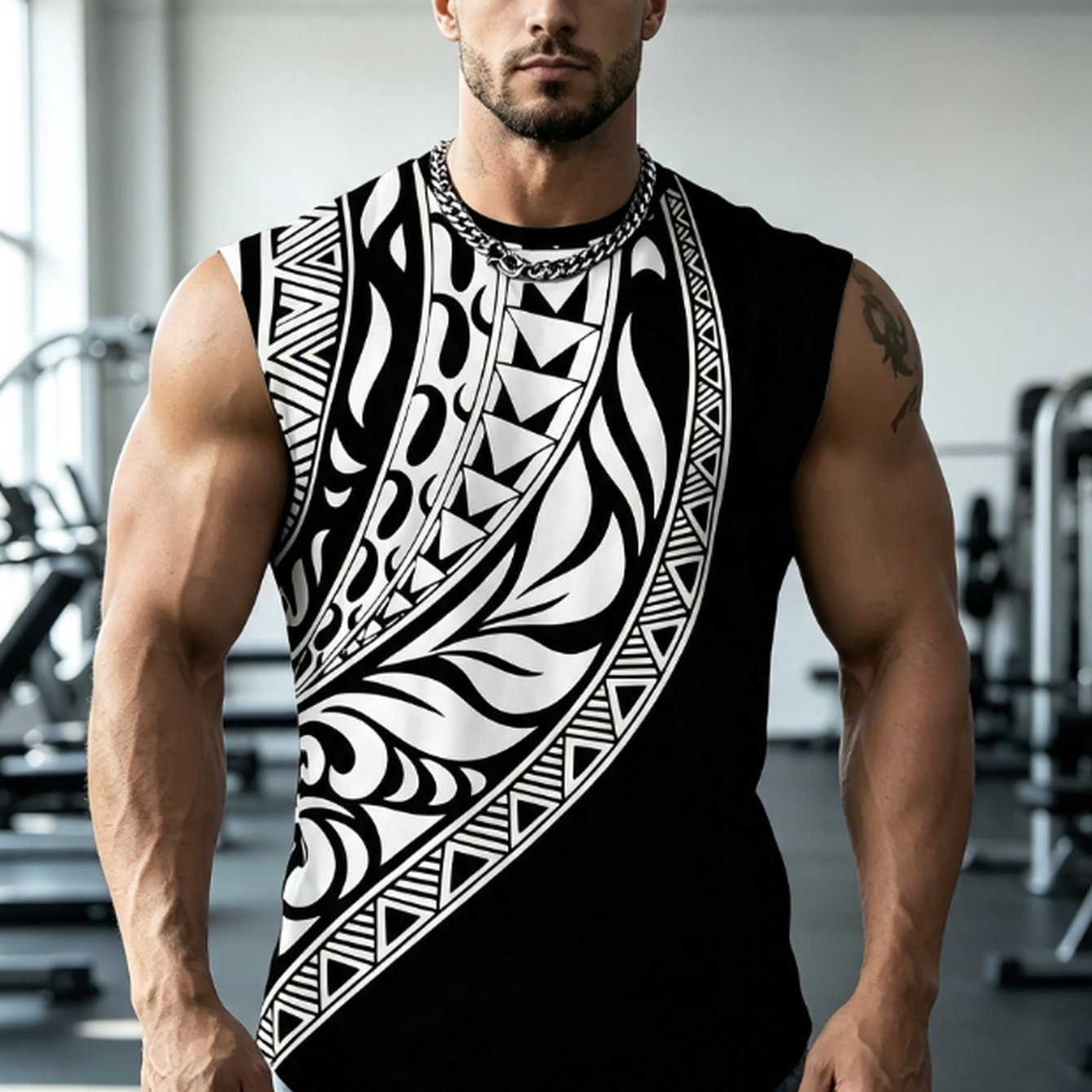 TEMU [printed Design - Not Textured] Men's Casual Print Sleeveless Tank Top, Featuring A Black And White Polynesian Tribal Totem Print, With A And