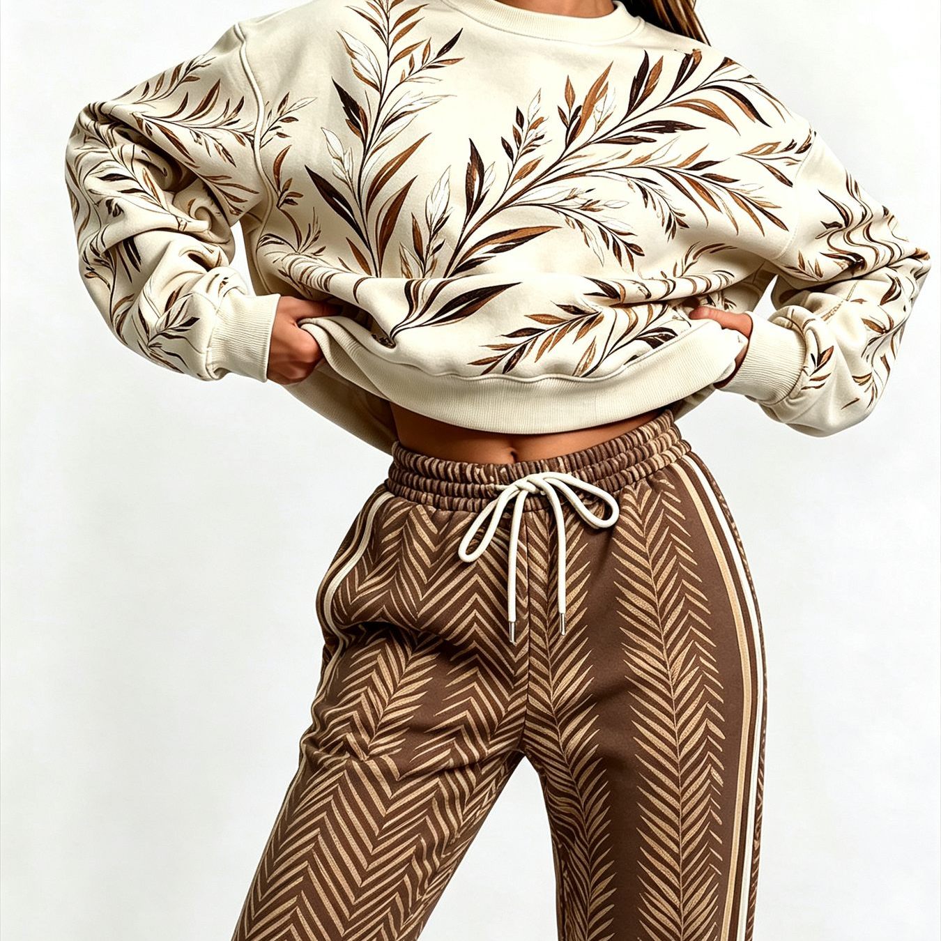 TEMU Two-piece Set, Women's Spring And Autumn Versatile Long-sleeve Round-neck Pullover Sweatshirt And Casual Jogger Pants Set, Geometric , Suitable