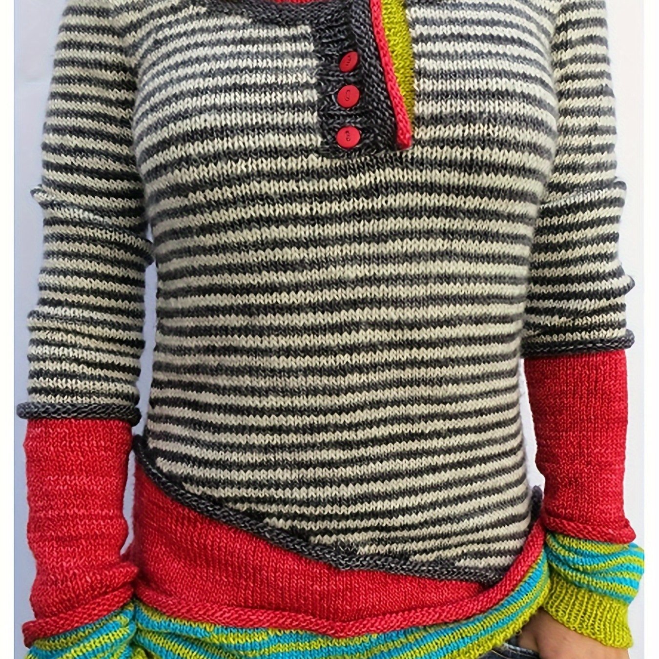 TEMU Y2k Fashion Women's Multicolor Striped Asymmetrical Color Block Long Sleeve Sweater