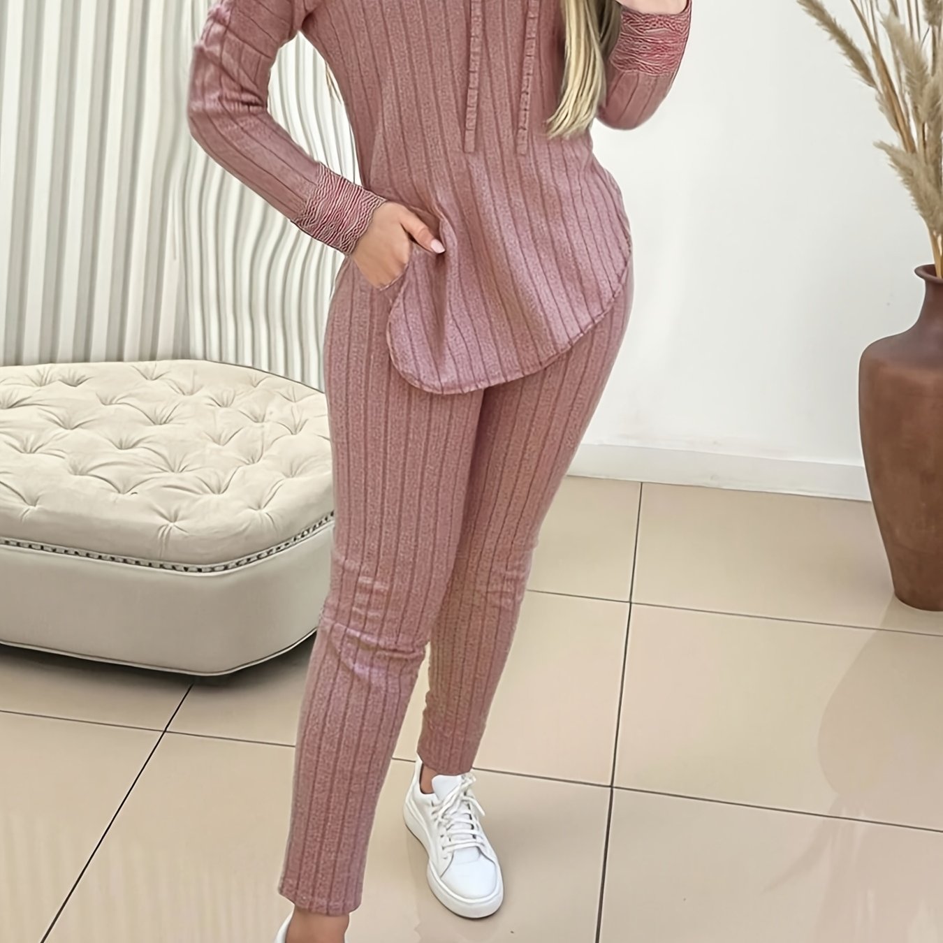 E-shop 25 Neuer Urlaubsstil, 2-teiliges Damenmode-Set mit einfarbigem Kapuzenpullover mit Kordelzug Hose, Lässig, Herbst-Damenbekleidung