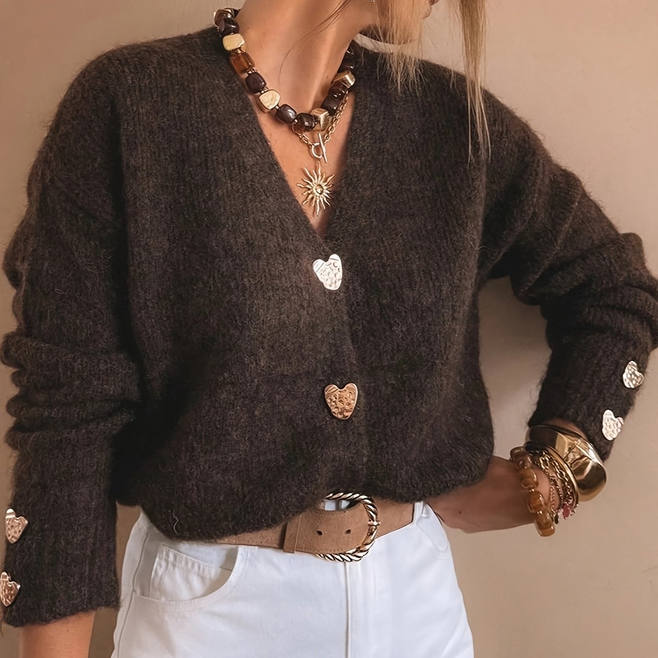TEMU Women's Button Front Solid Color V Neck Long Sleeve Cardigan Sweater Drop Shoulder Heart Button Casual Cardigan Top For Spring And Fall