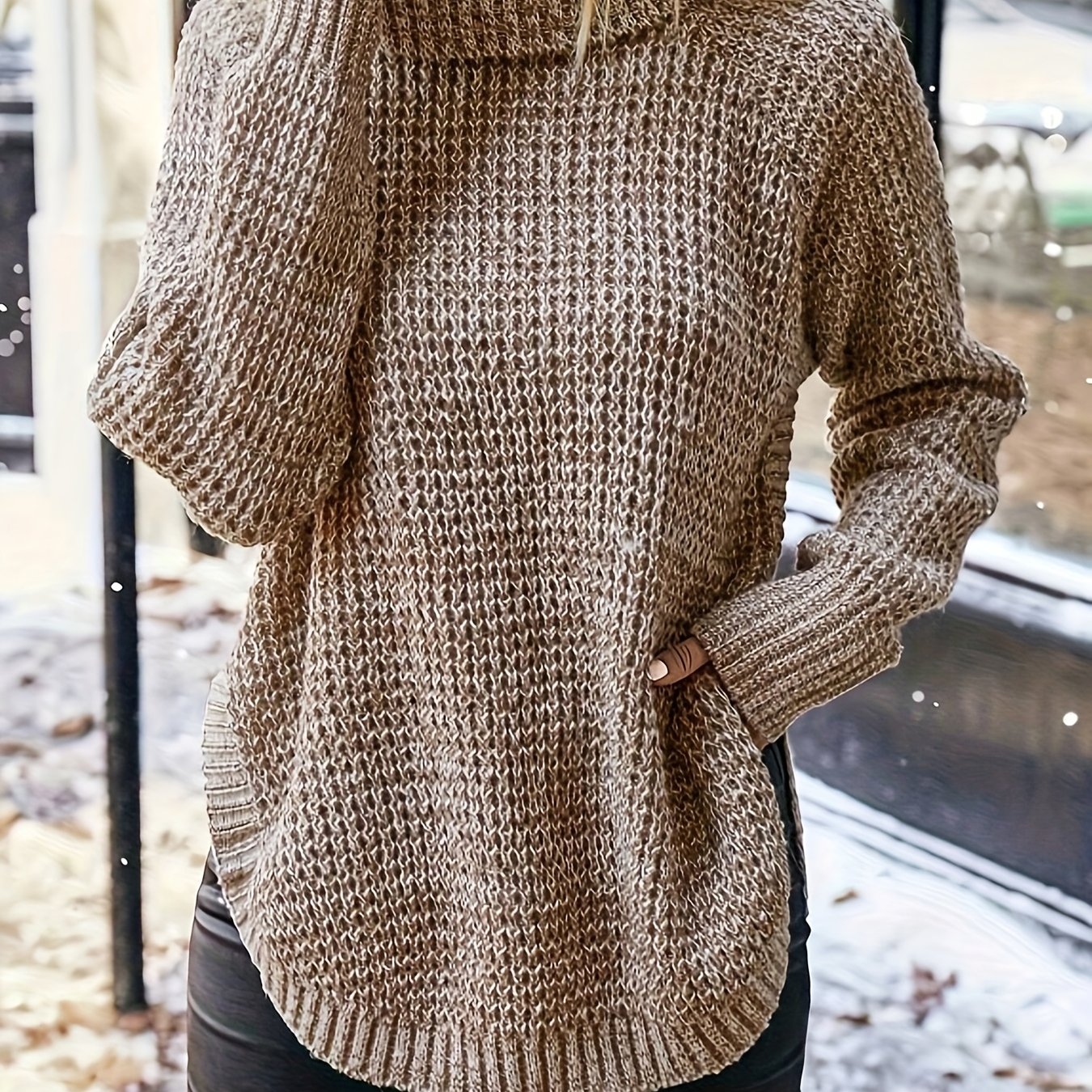 ! Women's Relaxed High Neck Sweater | Khaki Irregular Hem Pullover | Simple Commuter Early Spring Women's Top