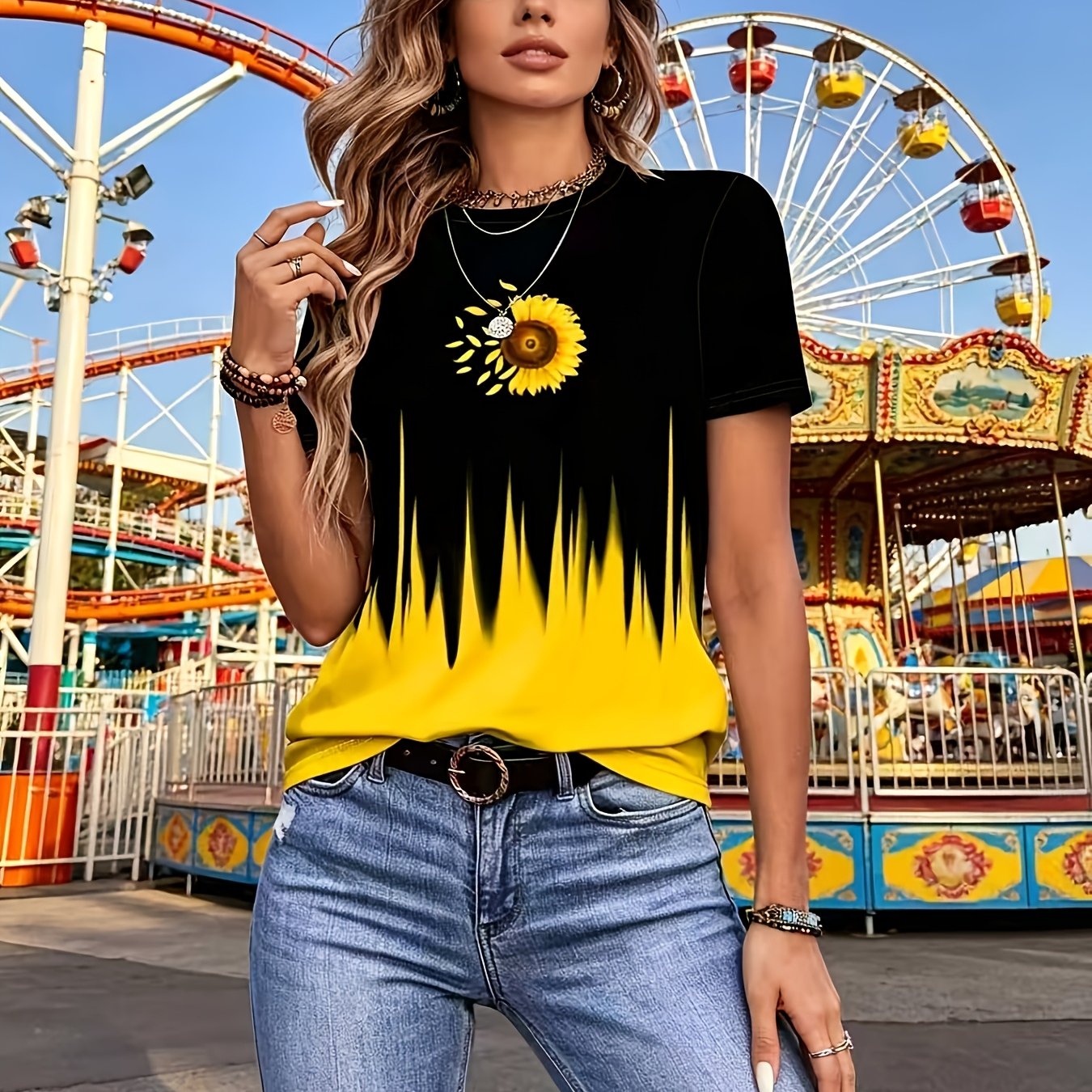 TEMU Women's Gradient Sunflower Print Short-sleeve T-shirt - Ombre Neck Top, Machine Washable Casual Blouse Suitable For Spring Summer Fall Layering,