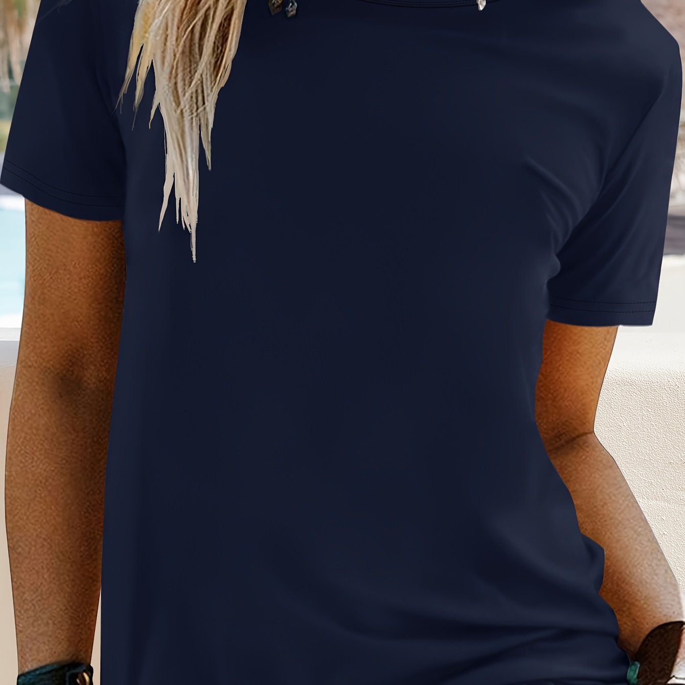 TEMU Women's Navy Blue Solid Color Casual T-shirt - Round Neck Short Sleeve Top, Regular Fit Machine Washable Versatile Wardrobe Staple, Medium