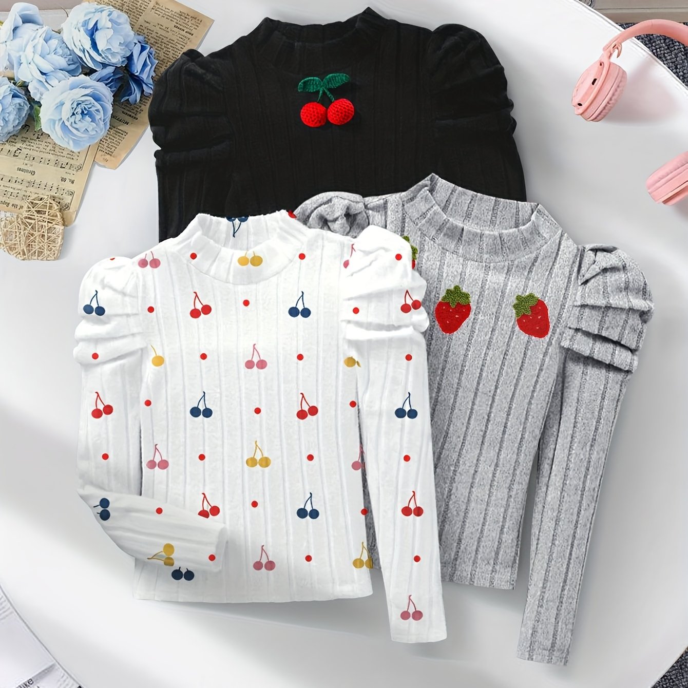 Image of 3pcs Set, Girls' Casual Fashion Fleece Striped Long Sleeve Top T-shirt, Cherry Print, Strawberry, Suitable For Girls' Spring Autumn Outer Wear Base Layer, Outdoor Gathering School Wear