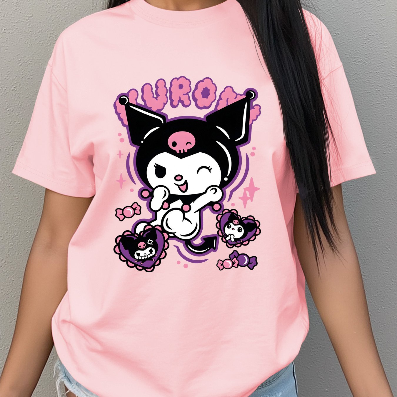 TEMU Kuromi Women's T-shirt - Cute Kuromi Character Print Round Neck Short Sleeve Blouse, Spring Summer Fall Casual Loose , Machine Washable For &