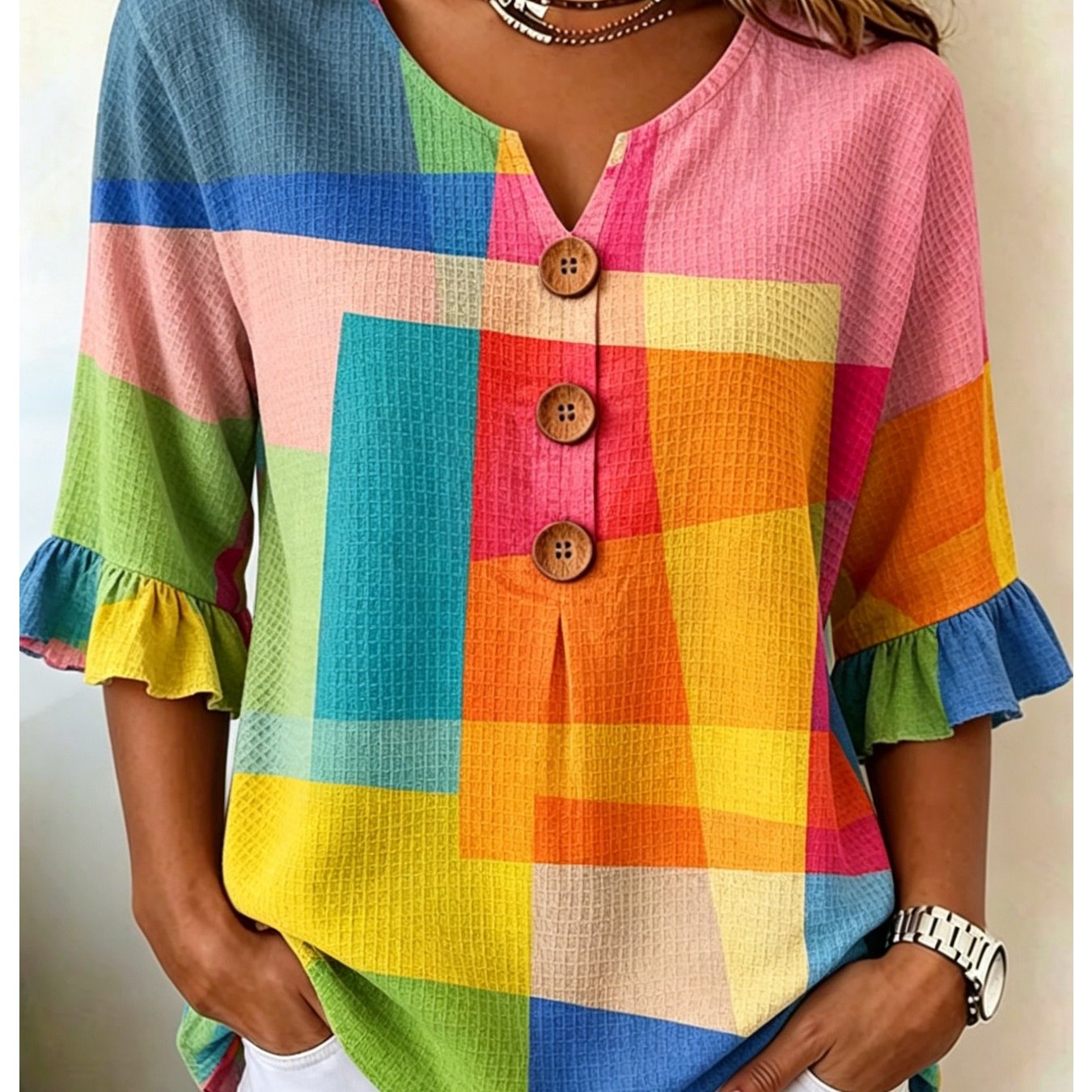 Women's V-neck, Three-button, Flared-sleeve Shirt With A Geometric Color-block Print