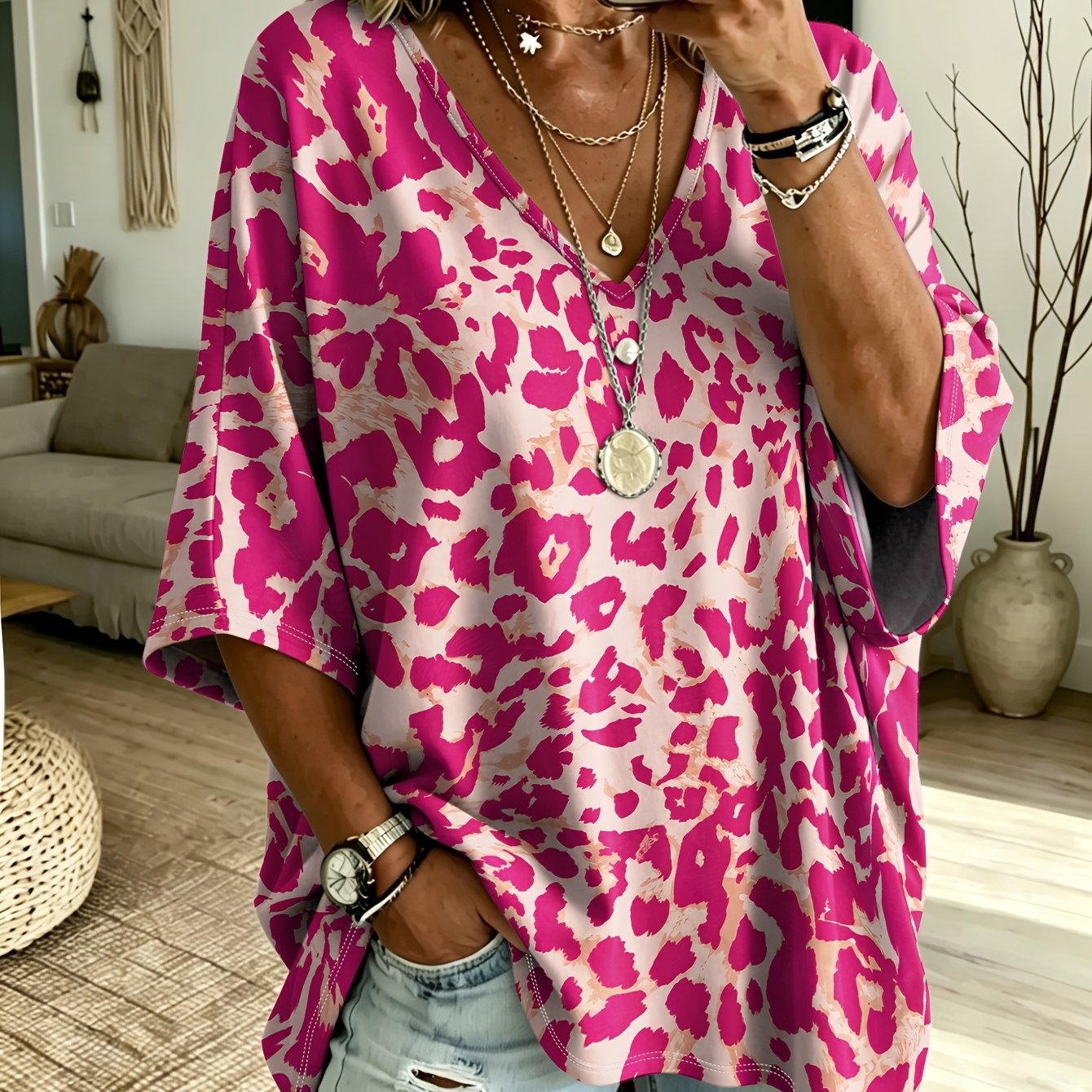 TEMU Plus Size - Leopard Print Plus Size V-neck Batwing Sleeve T-shirt, Women's Summer Loose Mid-length Casual Top, Bohemian Style Daily Vacation