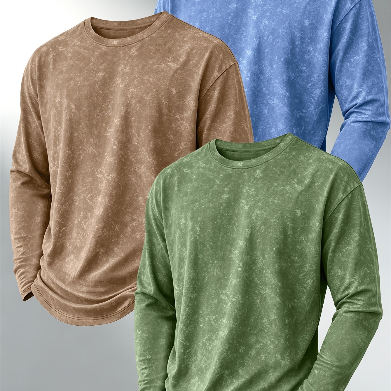 TEMU Obm Three-pc Distressed Long-sleeve T-shirt, Men's Versatile Crew Neck Base Layer Top, Trendy Casual Long-sleeve Inner Wear