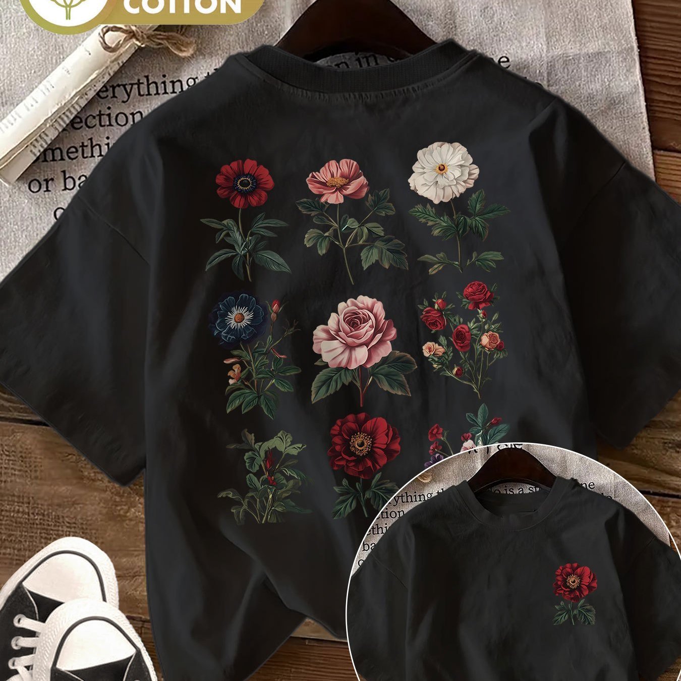 Image of Reversible Printed Summer Casual Top For Women And Men, Featuring A Vintage Floral And Leaf Design, Round Neck, Made Of Pure Short-sleeve T-shirt