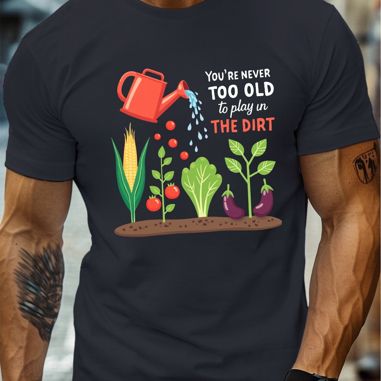 TEMU Men's Funny Gardening Saying T-shirt - "you're Never Too To " - Lightweight Crew Neck Summer Tee With Planting Design (cauliflower, Carrots,