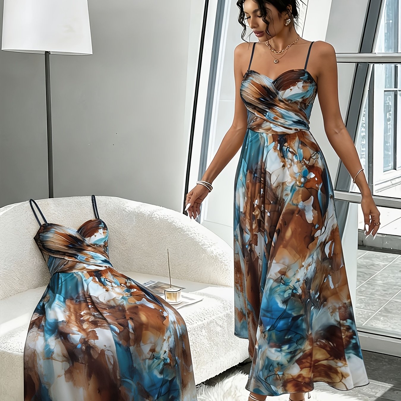 1pc Women' Gradient Print Camisole Dress, Casual And Elegant High-waist Cross-back Waist-cinching Long Dress, Dating And Dinner Party Gown, Stylish Vacation Dress Ns702