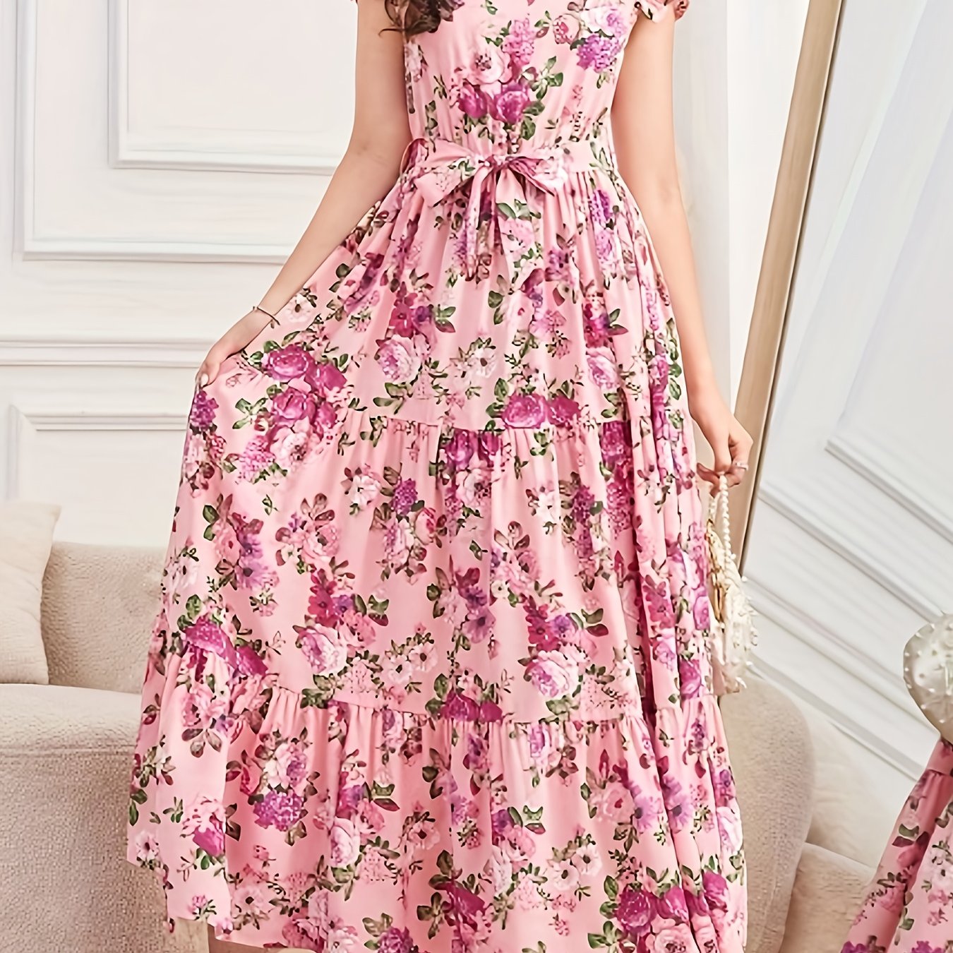 Girls' Dress, Elegant Floral Pattern, Cap Sleeves, Belt, Tiered Hem, A-line Dress