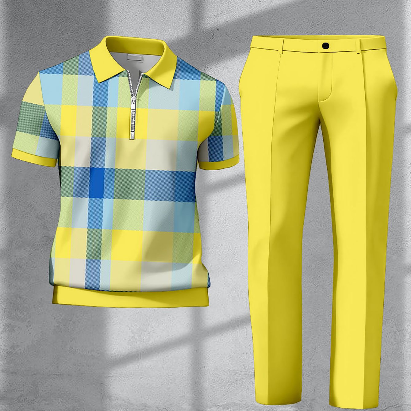 Image of Men's Casual Quarter Zip Sweater Pants Set 3d Digital Printed 100% Polyester, Yellow And Blue Printed Short Sleeve Shirt, Regular -piece Set, Spring/ Summer Knitted Vacation And Street Fashion