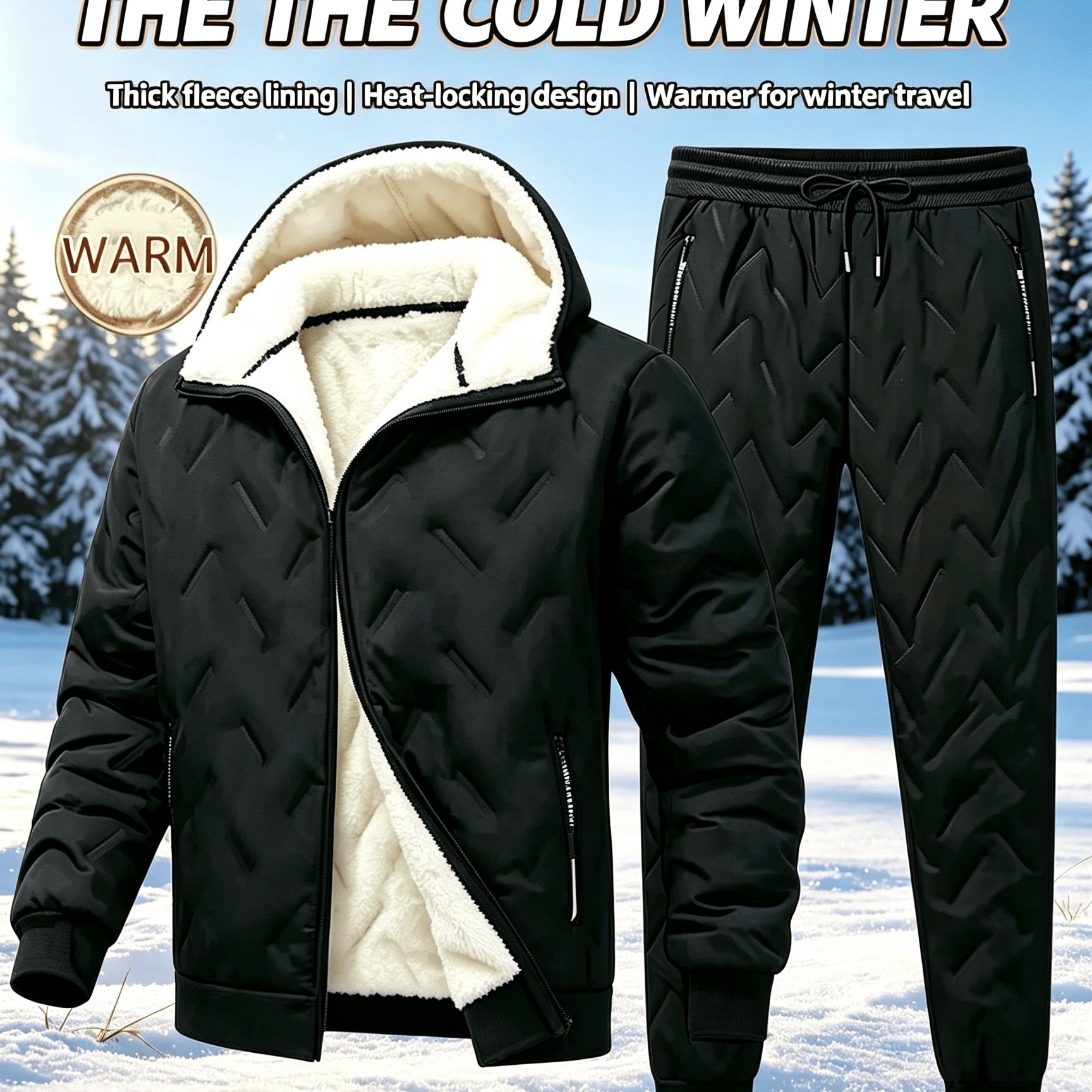 TEMU Men's Warm Set With Velvet Hooded Jacket And Thick Velvet Pants - Soft And Warm, Zipper And , Suitable For Hiking, Mountaineering And Outdoor