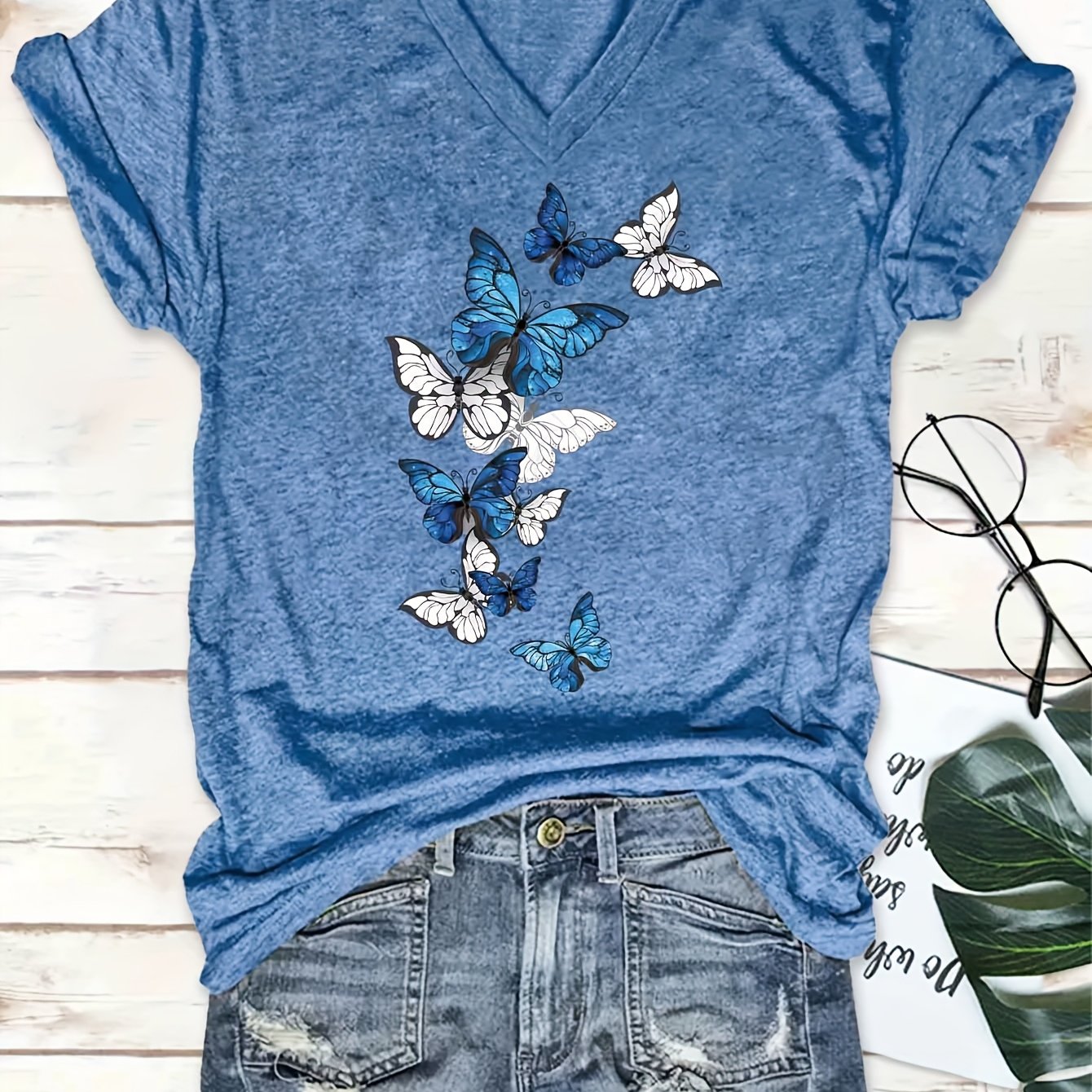 TEMU T-shirt d'été bleu et blanc à imprimé papillon, col en V et manches courtes