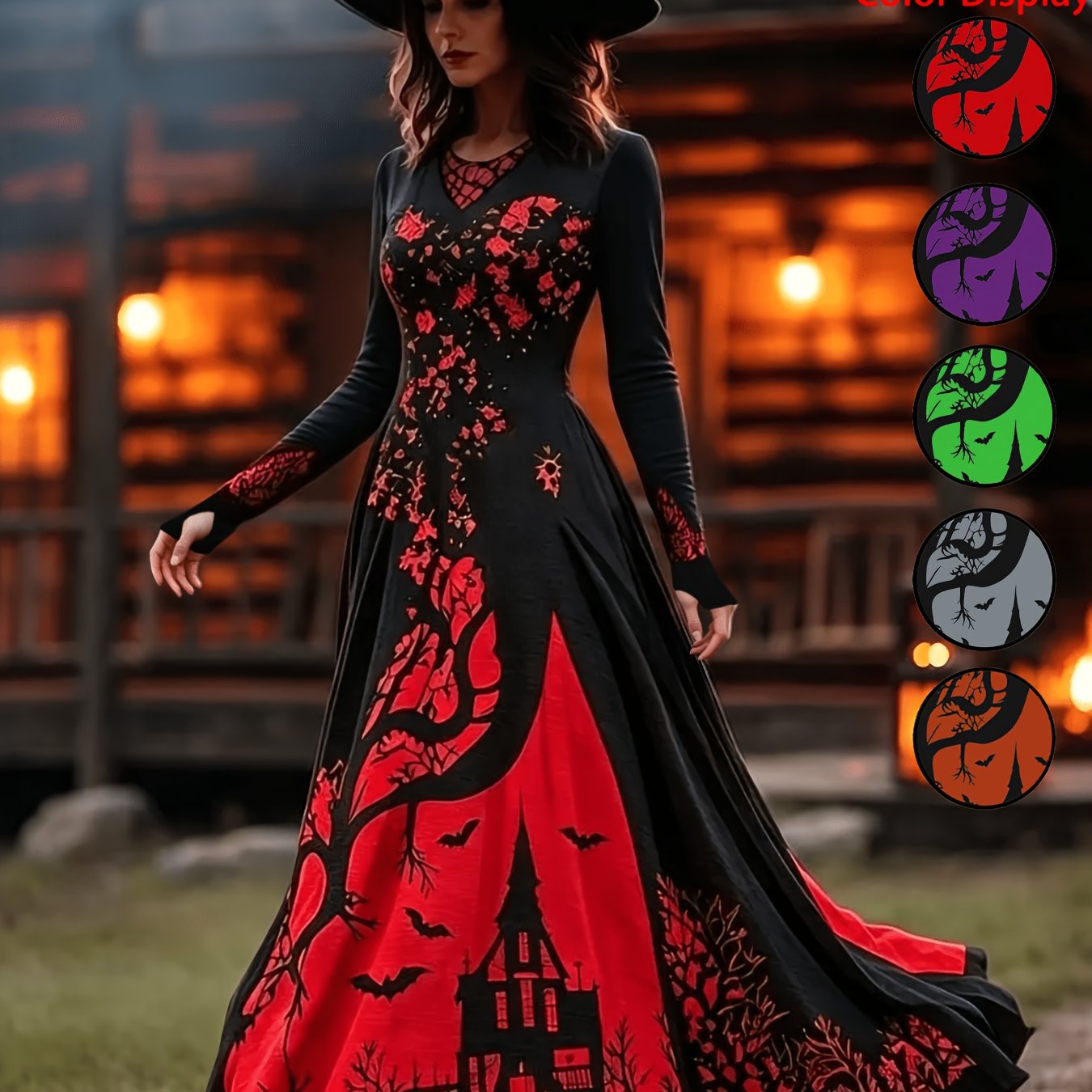 TEMU Robe de sorcière d'Halloween pour femmes, robe gothique rétro à col rond imprimé, manches longues et jupe longue évasée, imprimé chauve-souris