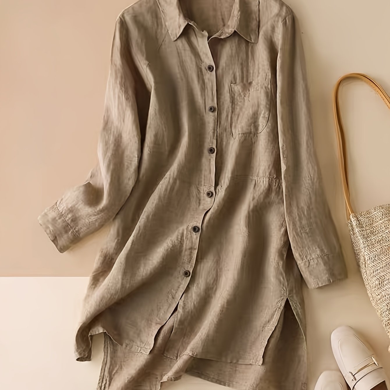 E-shop Neuer Stil Frühling/Herbst 2025 Damen-Hemd mit umklappbarem Kragen einreihiger Knopfleiste, Langärmeliges lockeres Leinen-Top, Elegante