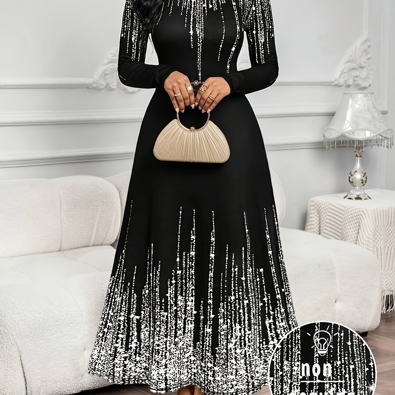 TEMU Robe de directionnelle printemps automne, style fête, col rond, manches longues, imprimé doré, moulante à la taille, coupe trapèze