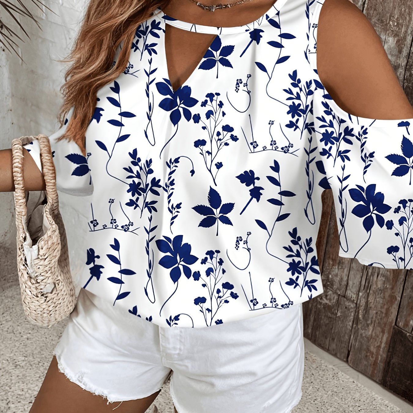 TEMU Plus Size, Plus Size Casual Versatile Off-shoulder Blue And White Floral Print Keyhole Neck Shirt For