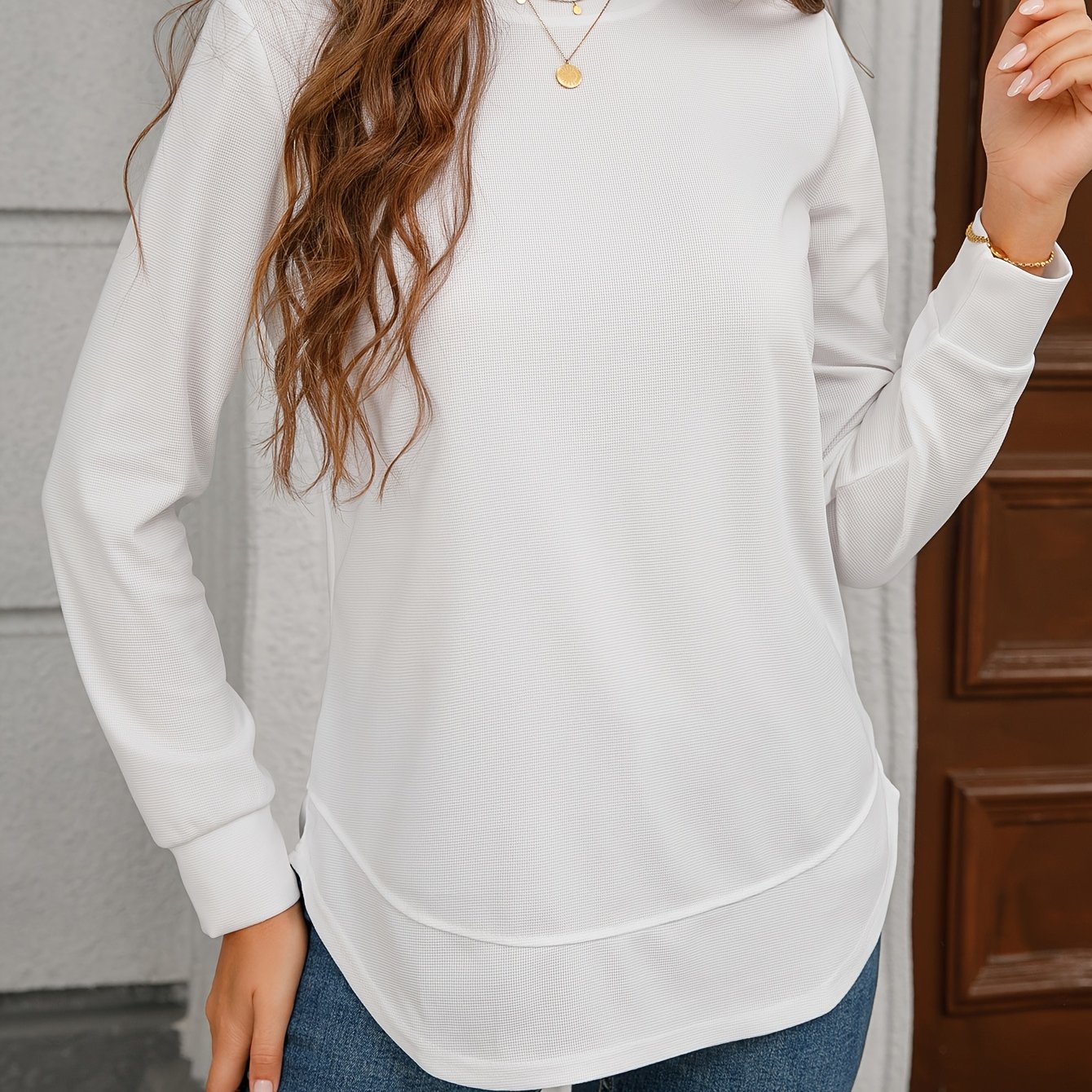 TEMU Solid Color Long Sleeve T-shirt, Casual Crew Neck Top For Spring & Fall, Women's Clothing