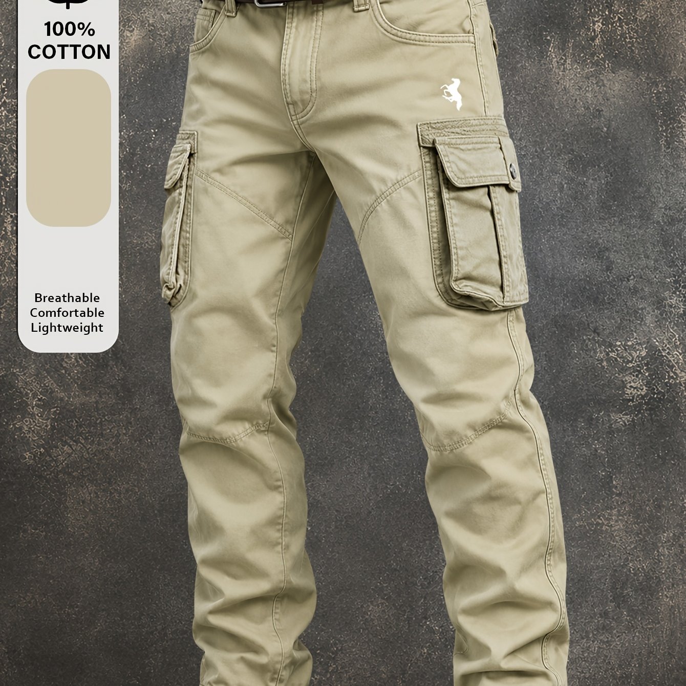 Image of 100% Men's Multi-pocket Cargo Pants With Thigh Print Drawstring Hem Lightweight Breathable Outdoor Utility Straight-leg Trousers For Daily Wear
