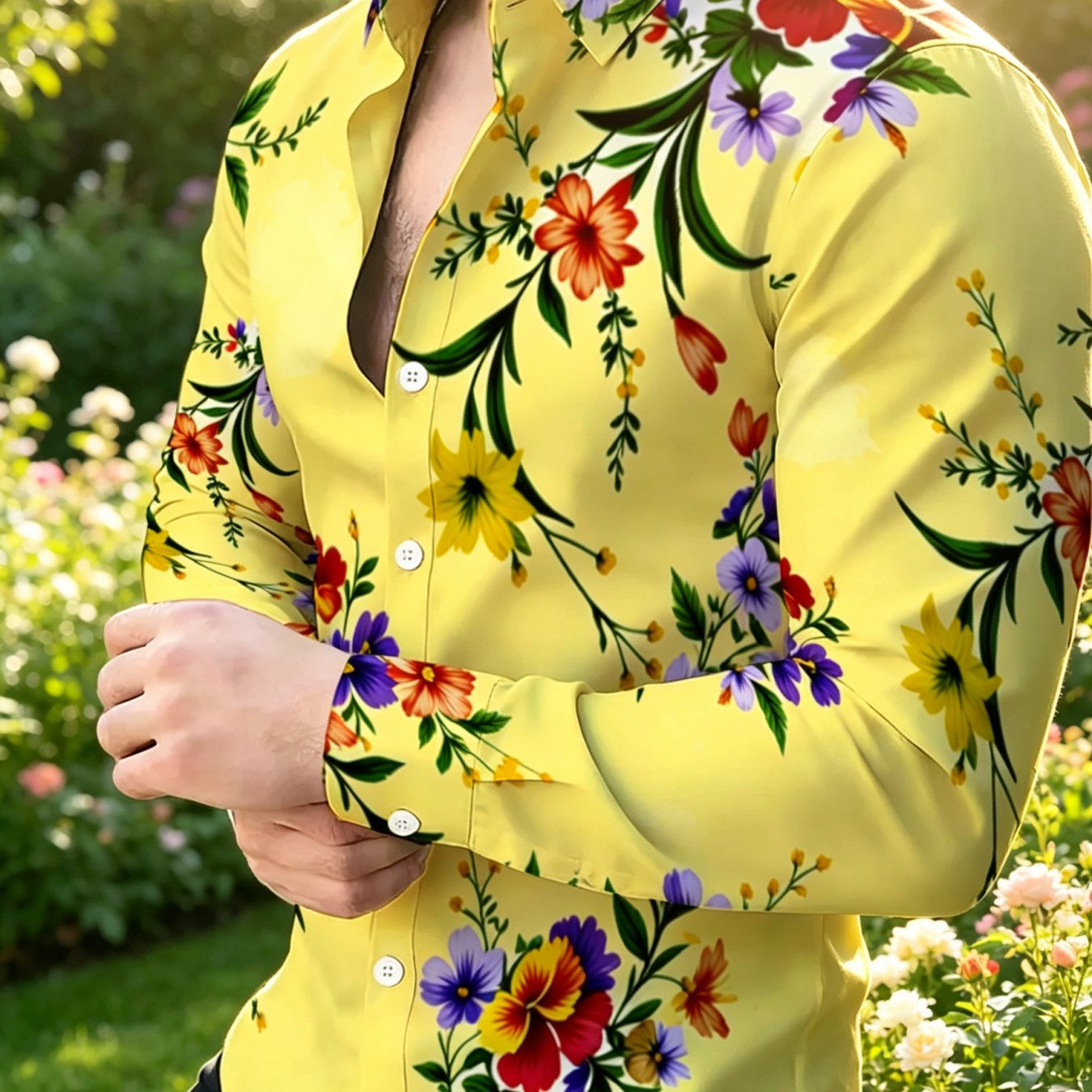 TEMU Men's Creative Elegant Floral Pattern Long Sleeve Shirt, Comfortable And Skin-friendly Breathable, Gentle Casual Atmosphere, All-match