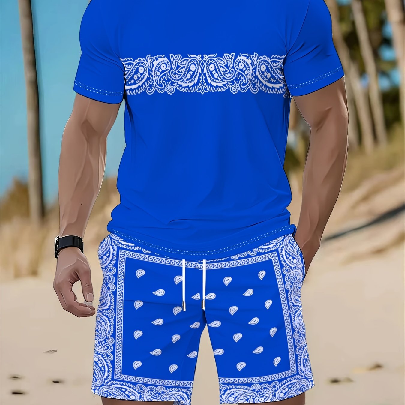 TEMU [printed Design - Not ]summer Men's Ethnic Style Paisley Print T-shirt   Shorts Trendy Casual Set