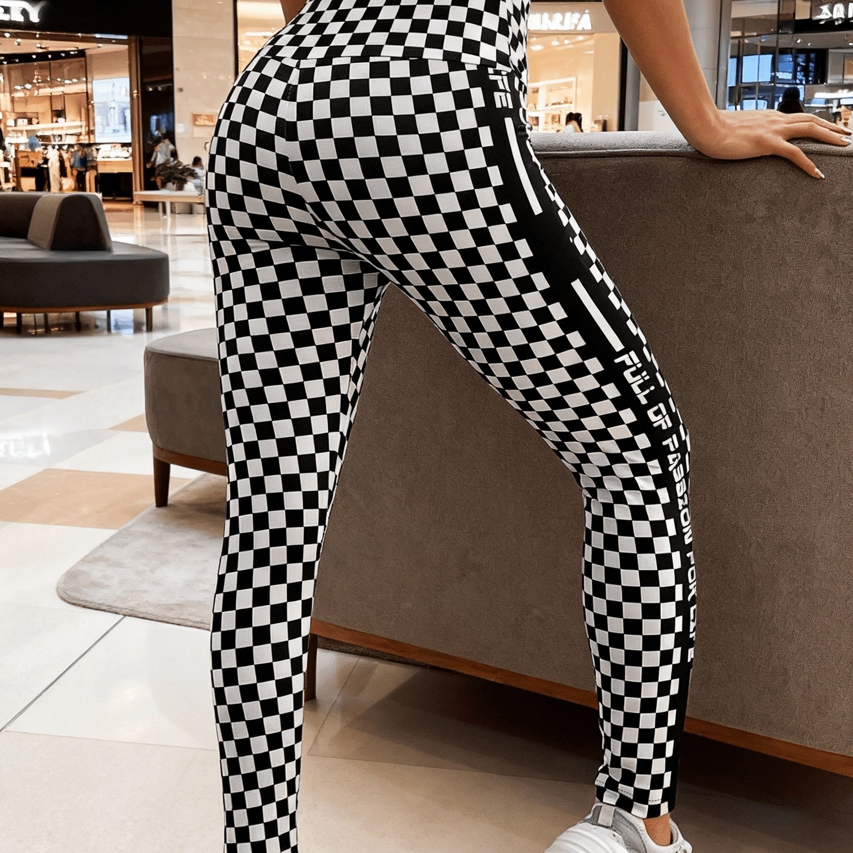 TEMU 1pc Women's High-waist Individual Cross Waist Checkered Print Side Letter High- Leggings Yoga Pants Dance Trousers