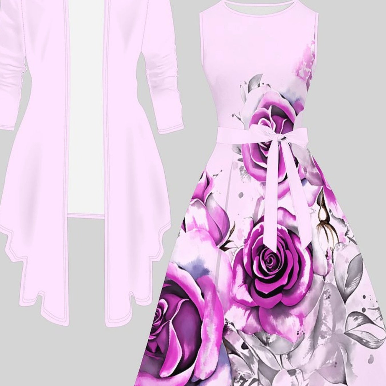 Plus Size, Plus-size Women's 2pcs Set, Including Long-sleeve Coat And Waist-tied Cami Dress. Features Trendy Prints. It Can Reshape And Is Ideal For Daily Commutes And Gatherings.