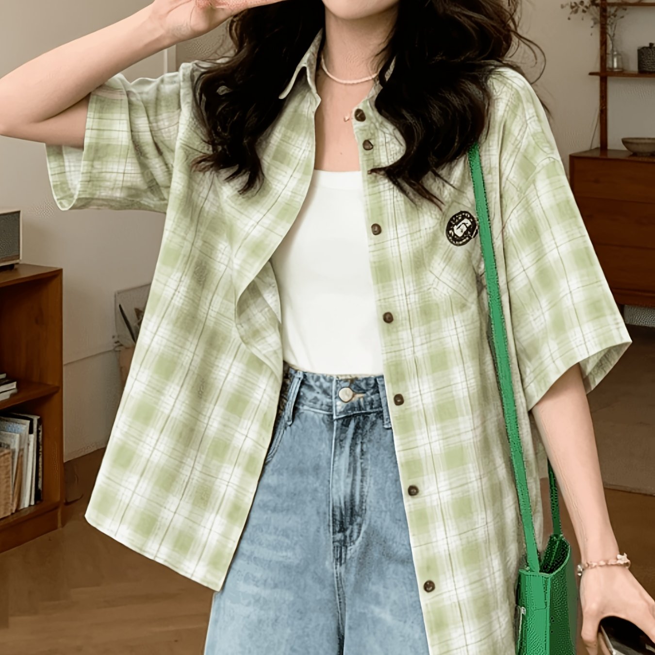 TEMU 【商品名】グリーンチェック柄半袖シャツ、プレッピースタイル、ルーズフィット、夏用アウター カーディガン、インススタイル レディースシャツ