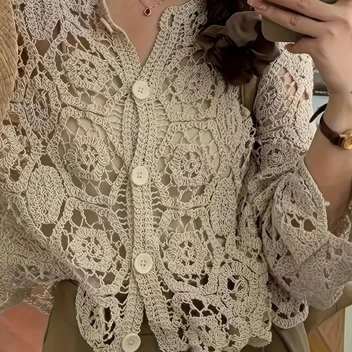 TEMU Plus Size, Casual Lace Openwork Plus Size Women's Cover-up, Round Neck Long Sleeve Single-breasted Cardigan, Beach Vacation Outing, Music Festival Sexy
