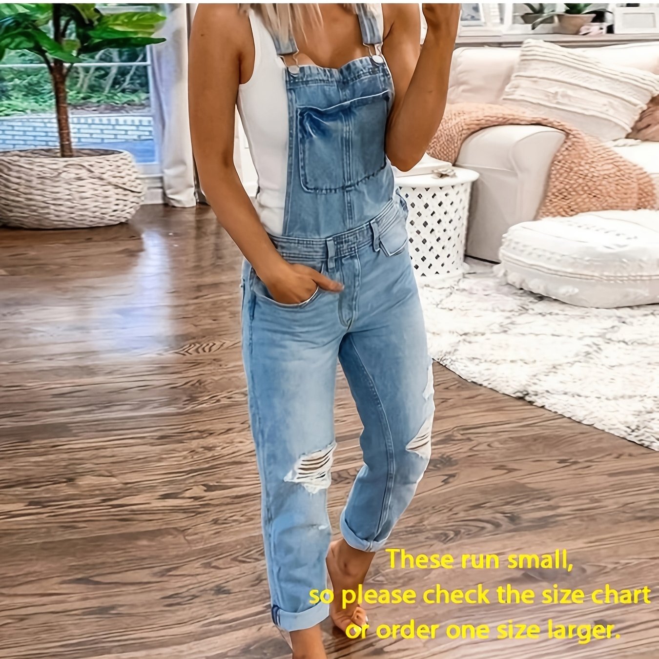 TEMU Items Run Small; Please Check The Size Chart Before Ordering.new Style -shoulder Strap Ripped Denim Jumpsuit, Suitable For Weekend And Easy