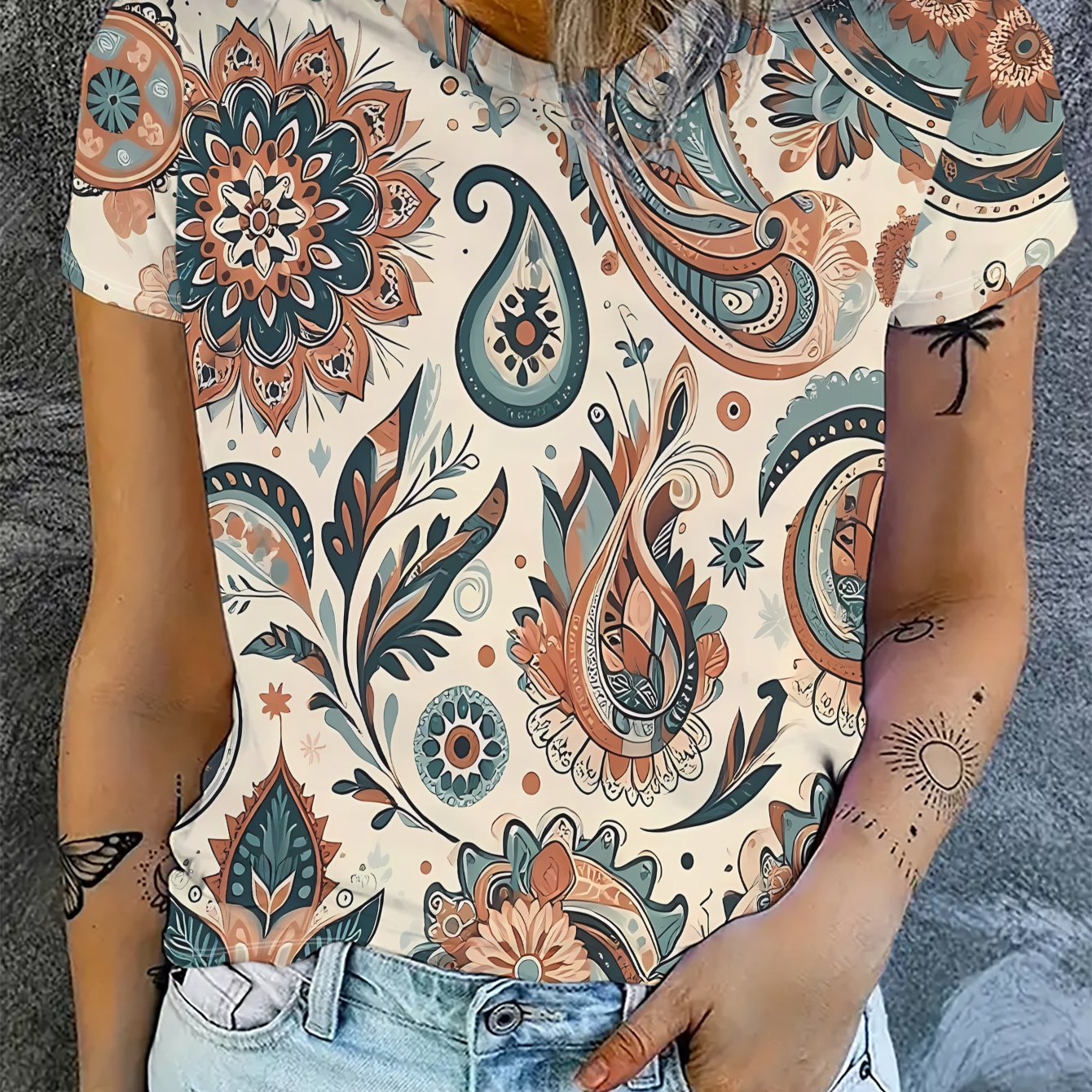 TEMU Women's Short Sleeve T-shirt, With Multicolor Paisley Flowers