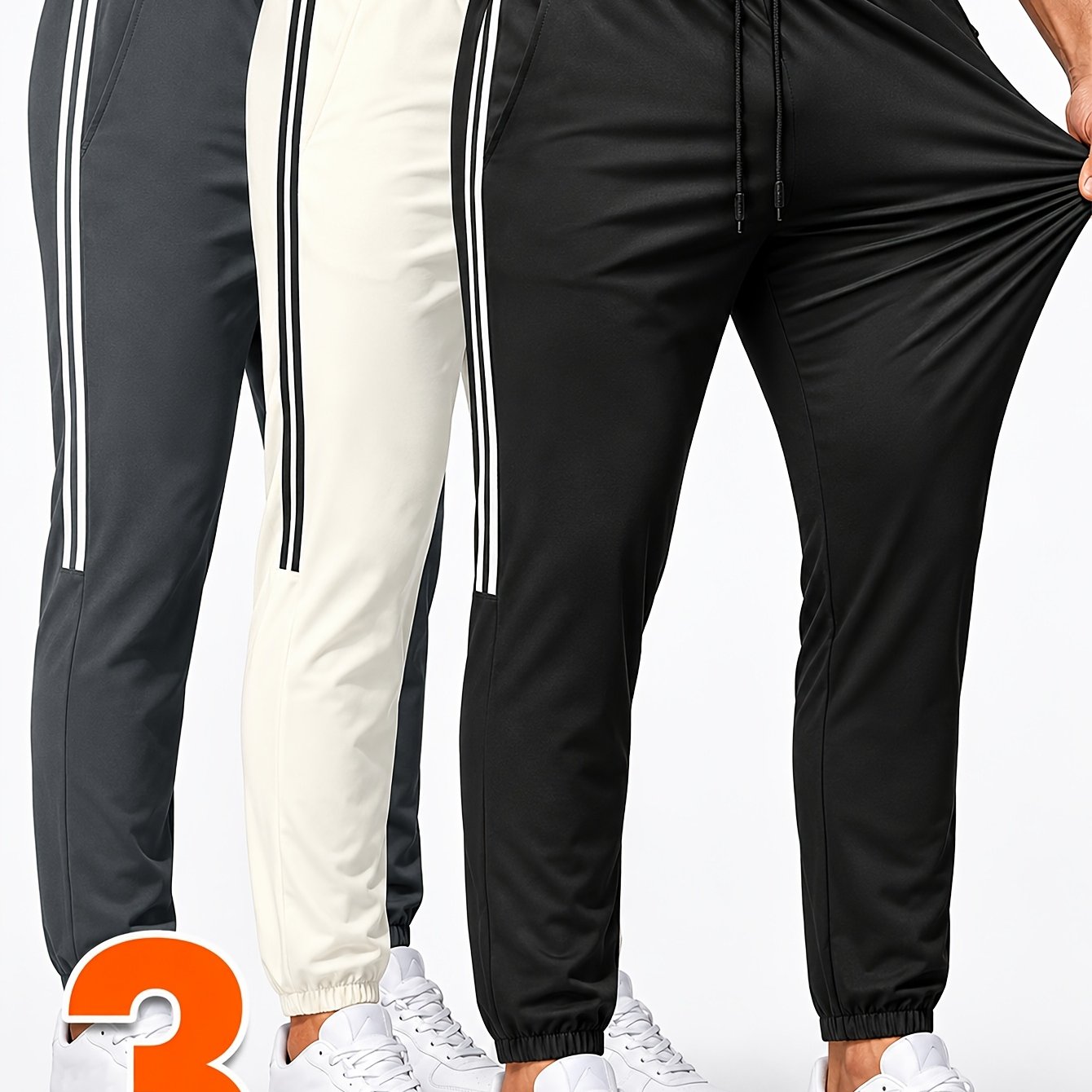 Image of 3pcs Set Men's New Summer 3 Side Stripe Drawstring Cuff Casual Sports Sweatpants, 3 Color Combo Loose Stretch Quick Dry Jogger Pants, High Elastic Waist Daily Fitness 3 Pc Trousers