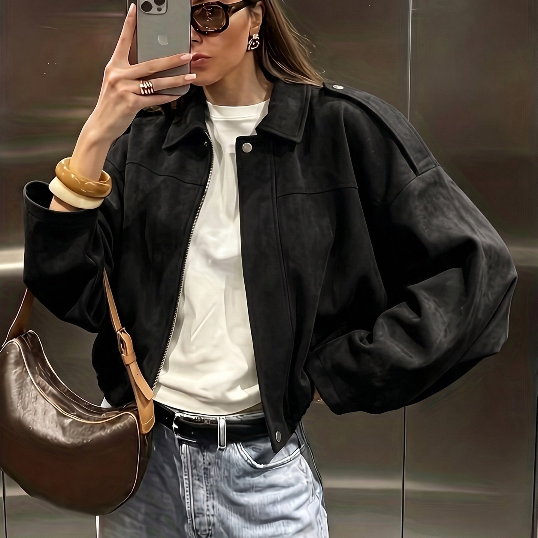 TEMU Damen Revers Kurze Freizeitjacke, lockere, tiefer, weite Ärmel Passform, Reißverschluss und Knopf Doppelverschluss mit Schulterepaulett-Detail,