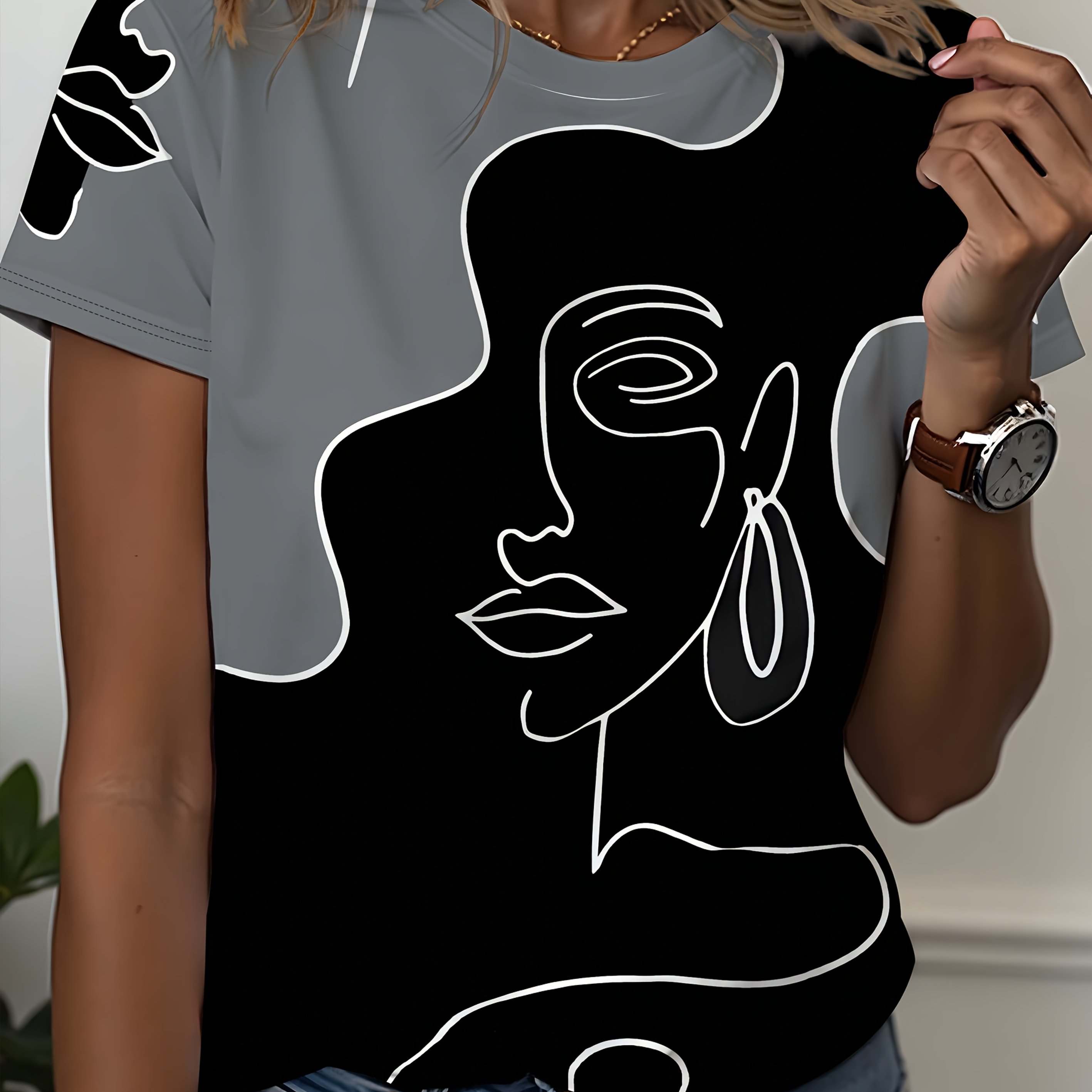 E-shop Damen T-Shirt mit abstraktem Gesichts-3D-Druck - Lässiges Kurzarm-Oberteil, atmungsaktiv, Color-Block-Design, Rundhals-T-Shirt für Frühling und