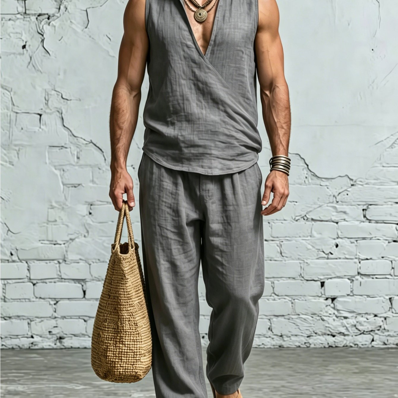 Men's 2pcs Set: Sleeveless Stand Collar Wrap V-neck Vest And Loose Wide-leg Casual Pants, Summer Beach Vacation Outfit
