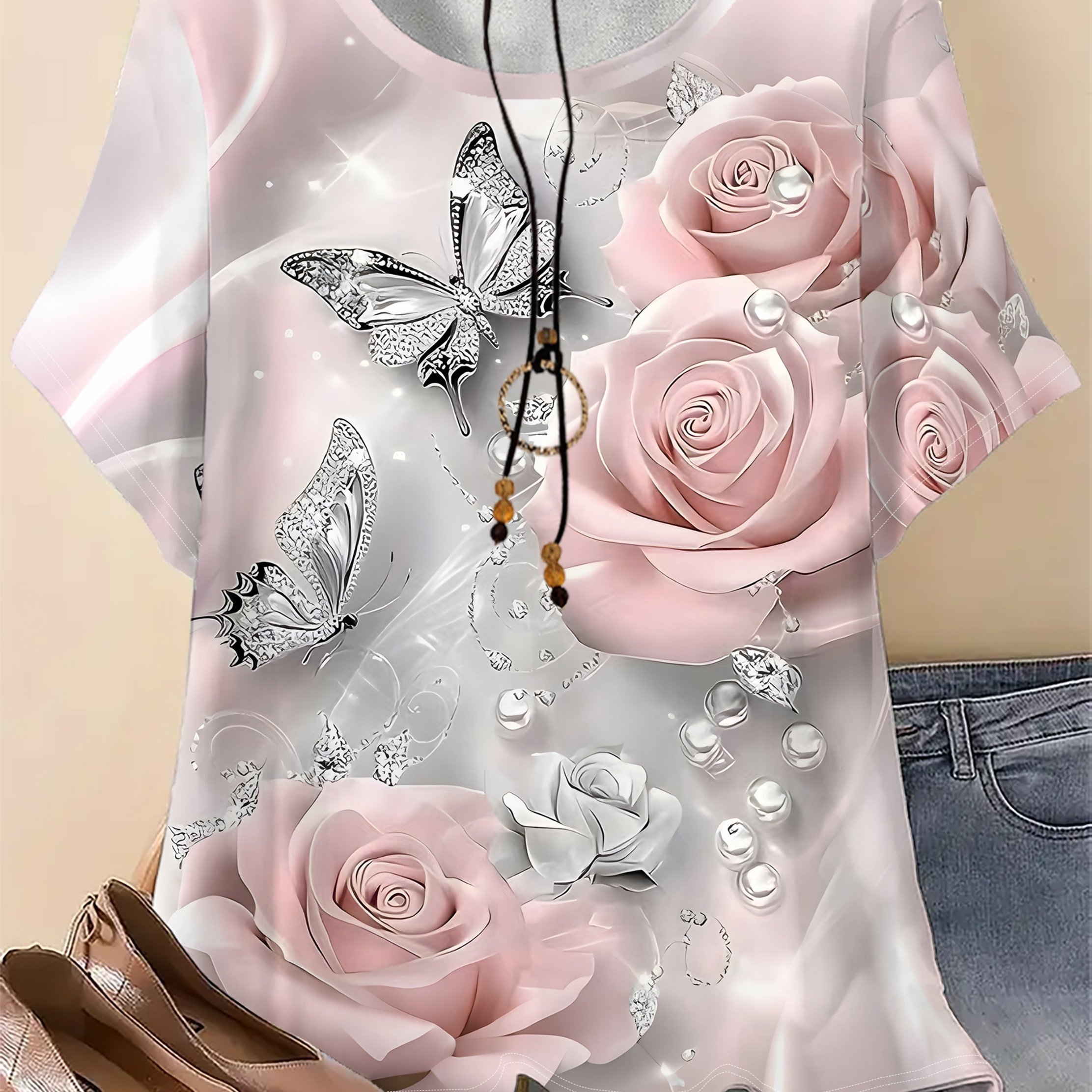 TEMU Plus Size, Plus Size - Women's Plus Size Fashion Floral Print T-shirt | Casual Crew Neck, Print, Slightly Stretchy Fabric, Suitable For Spring