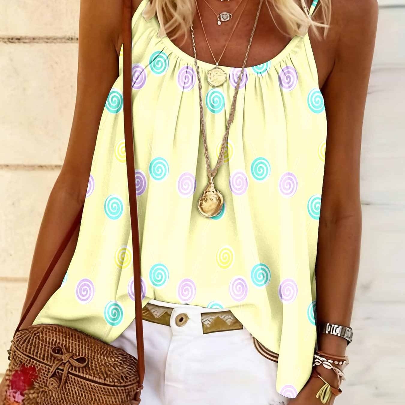 TEMU Women's Bohemian Style Printed Camisole Top With Loose Sleeveless And Thin Shoulder Straps, Suitable For Park Play, Perfect For Walking ,