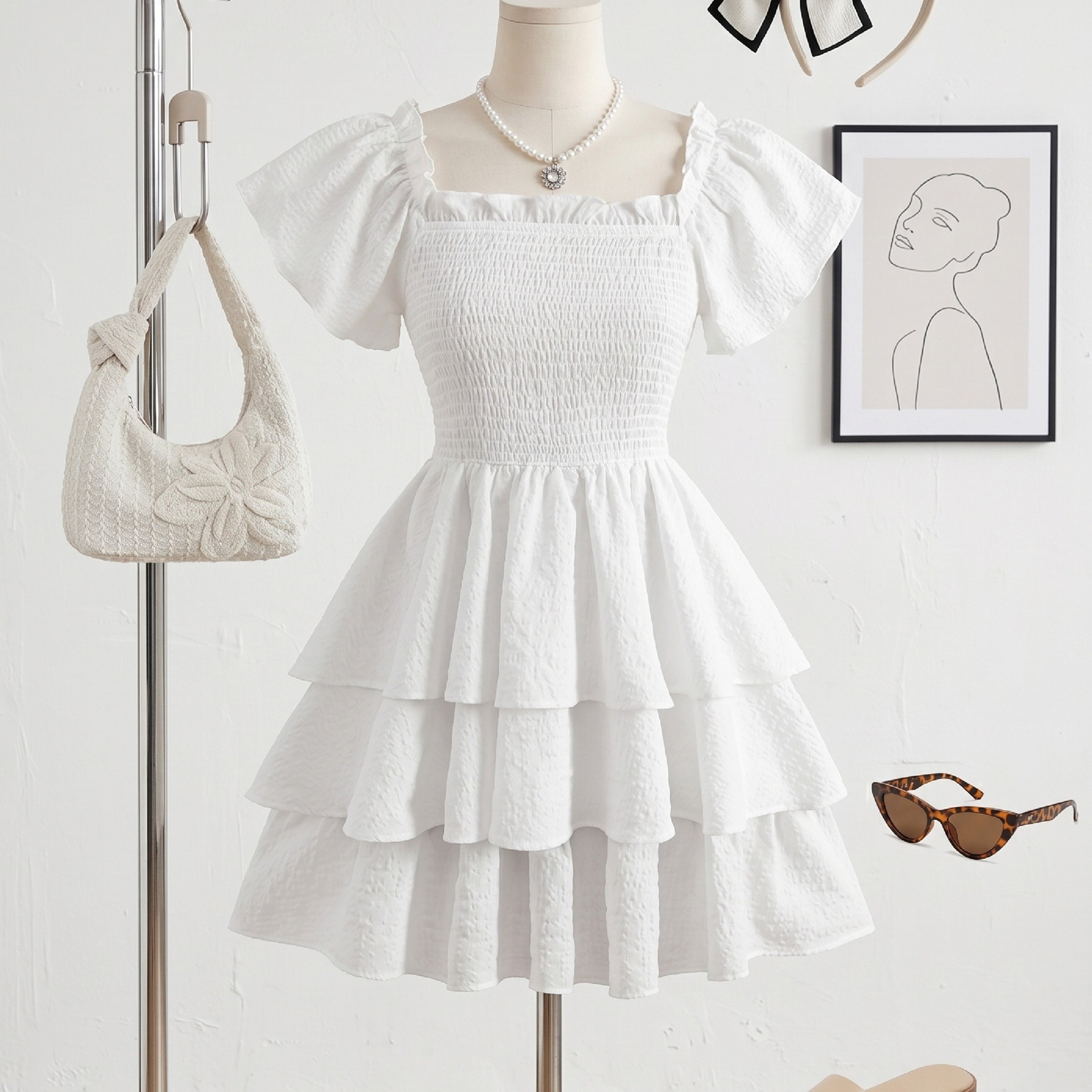 TEMU Elegant Square Neck Puff Sleeve A-line Dress In White Textured Fabric. Features Shirring, Tiered Ruffles. Beach Vacations, Casual Wear, Romantic