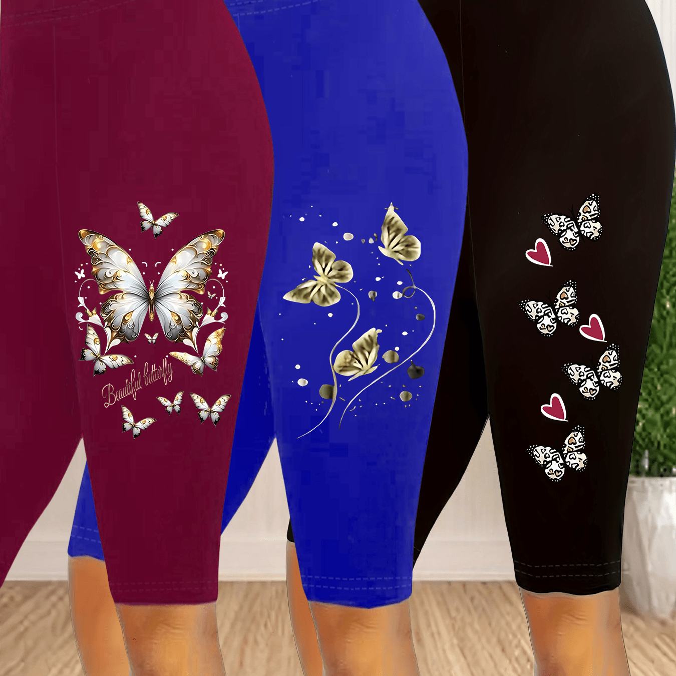 TEMU Plus Size, Extended 3pcs Plus Size Women's Printed Stretch Waistband S Leggings