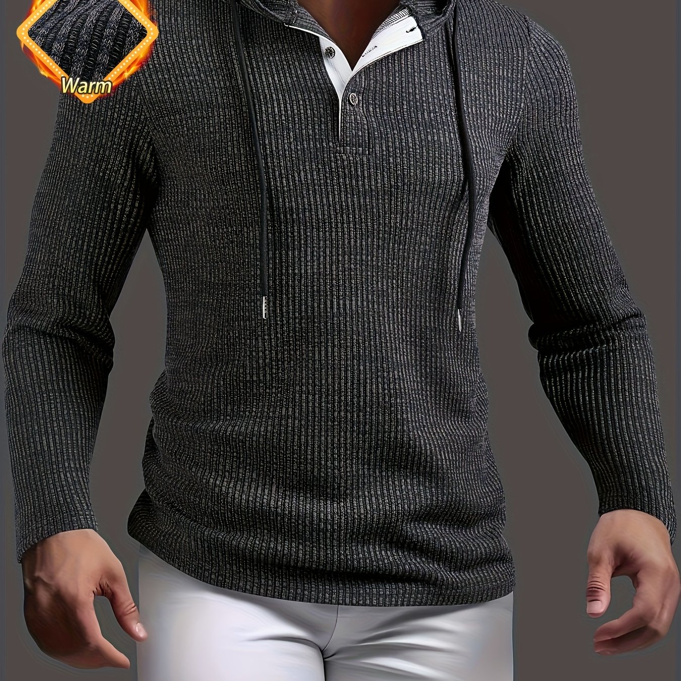 Image of Men's Textured Ribbed Contrast Outdoor Sports Casual Hooded Henley Shirt
