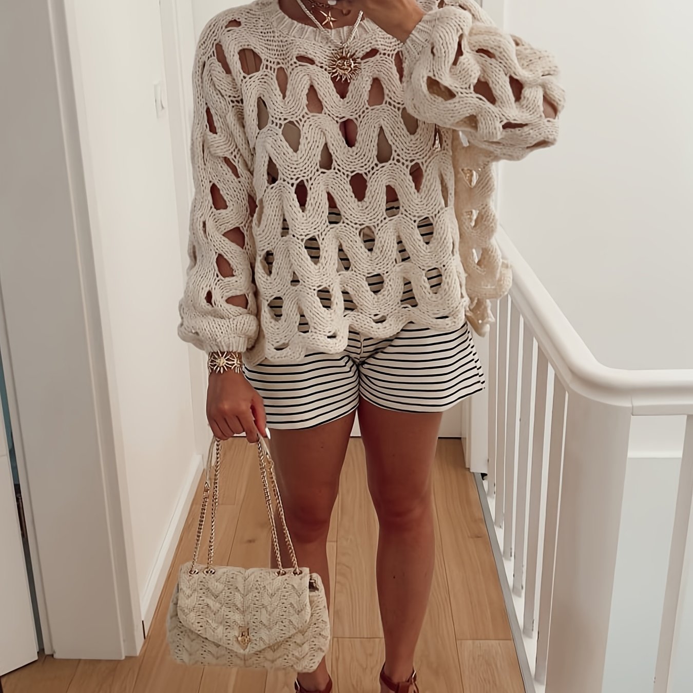New Women's Hollow-out Round Neck Long Sleeve Ribbed Elegant Loose Spring Summer Style Pullover