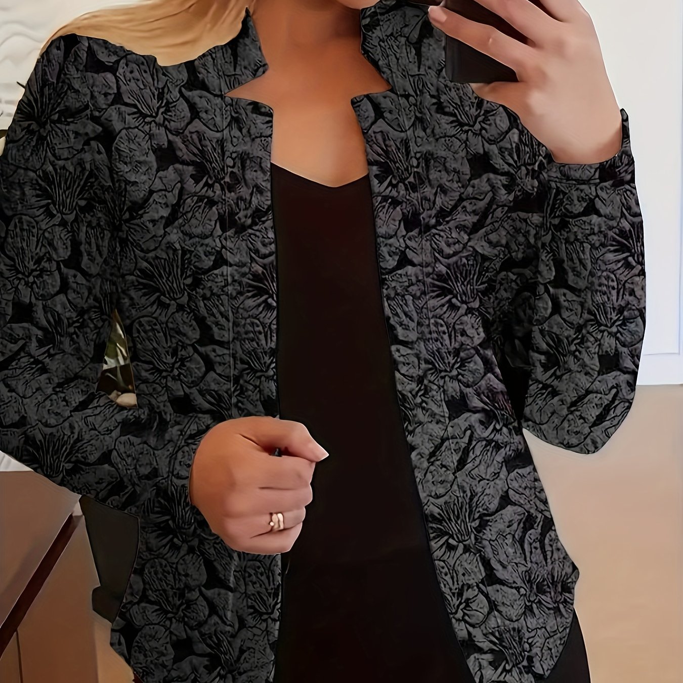 Plus Size - Plus Size - Vintage Style Printed Casual Long Sleeve Open Front Suit Coat For Women, Office And Workwear