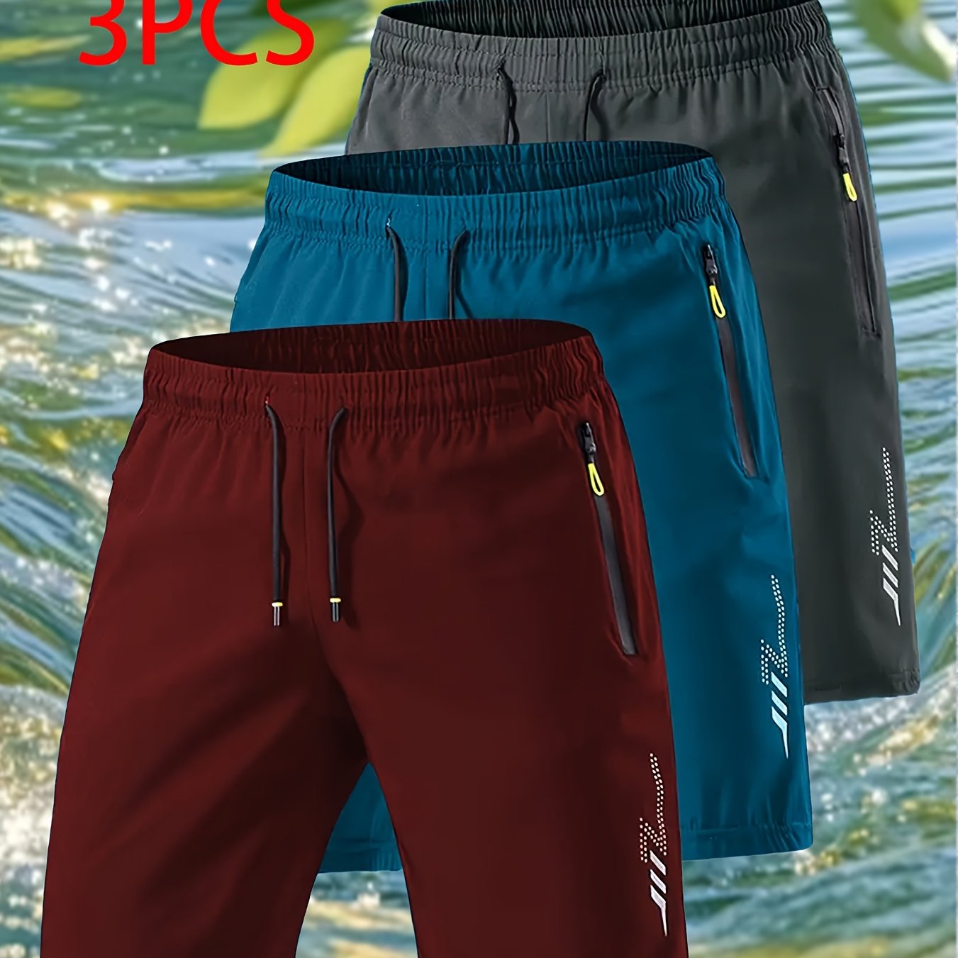 TEMU Set Of 3, Men's Lightweight Breathable Quick- Shorts With Adjustable Drawstring Waist, Stylish Lightning Print, Pockets, Suitable For Fitness,