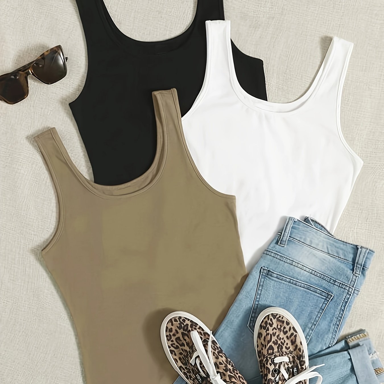 Image of 3pcs Women's Sleeveless Tank Top Set - Solid Color Casual Tops With Adjustable Straps, Breathable Polyester Fabric, Perfect For Summer , Casual Wear Tops||polyester Fabric