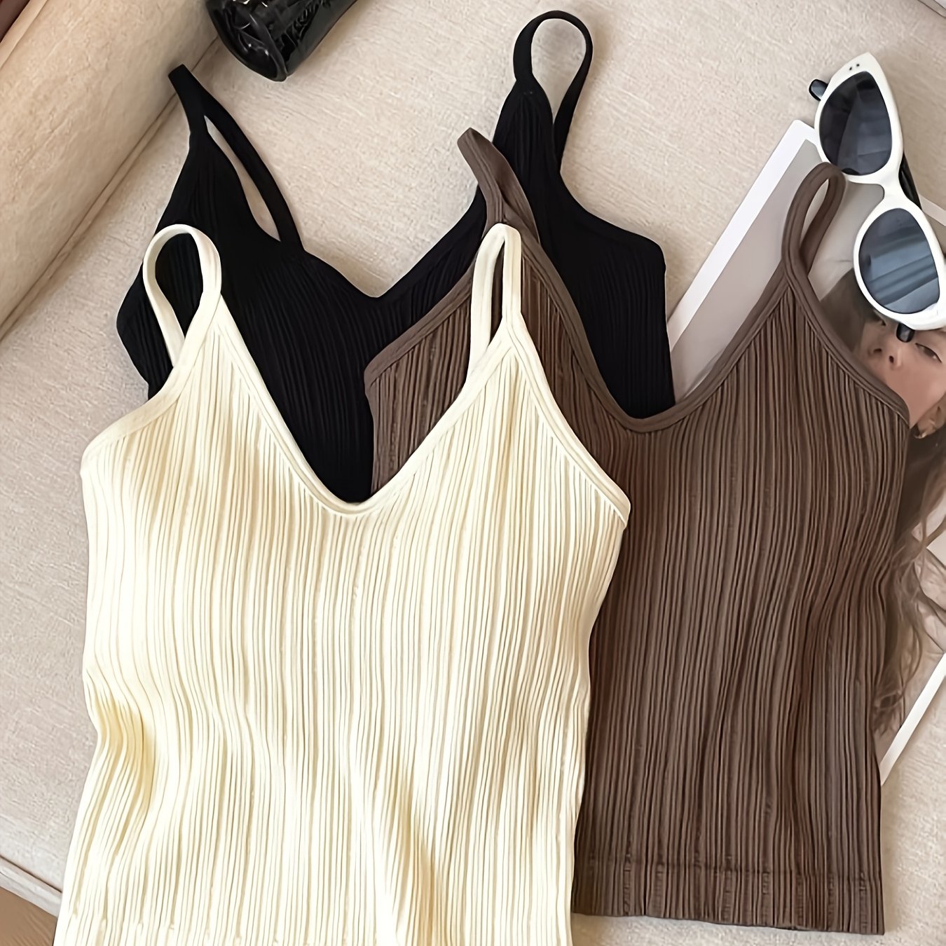 Image of 3pcs Women's V-neck Ribbed Tank Tops For Casual And Formal Wear